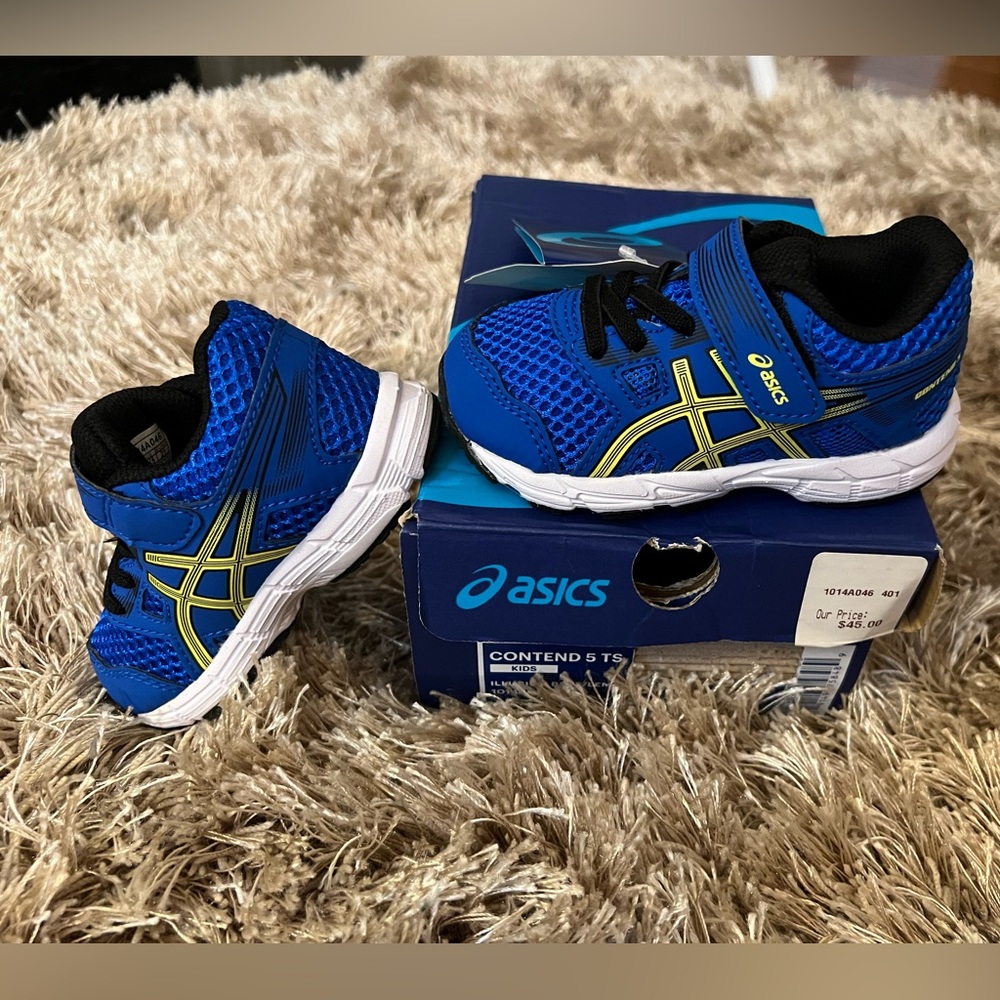 ASICS Blue Yellow Baby Boy Kids 5c Contend 5 TS Velcro Shoes Sneakers NWT NEW
